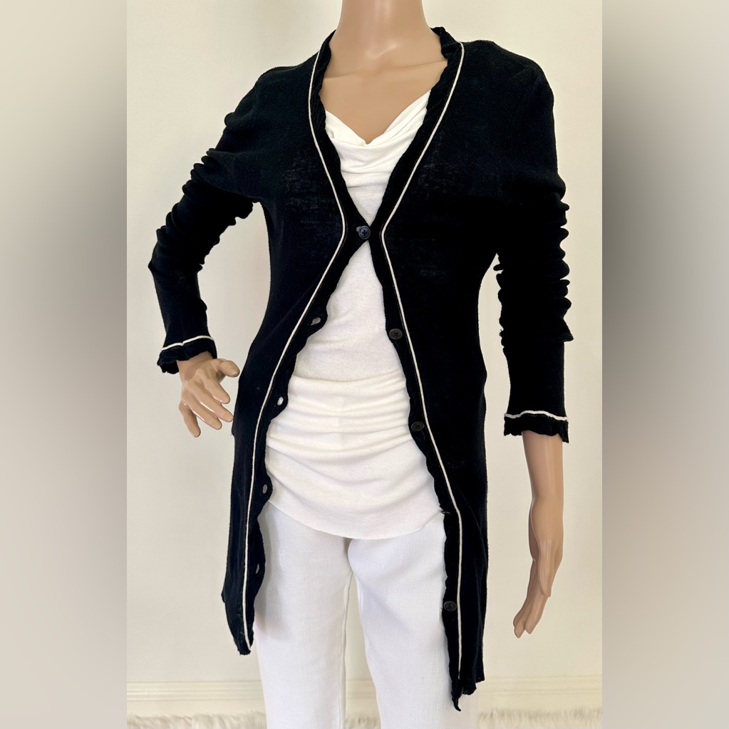 Black, Light 85% Cotton 15% Cashmere Cardigan With White Stripe